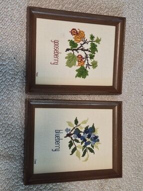 Set of 2 Vintage "lee" Fruit Cross Stitch Framed Art